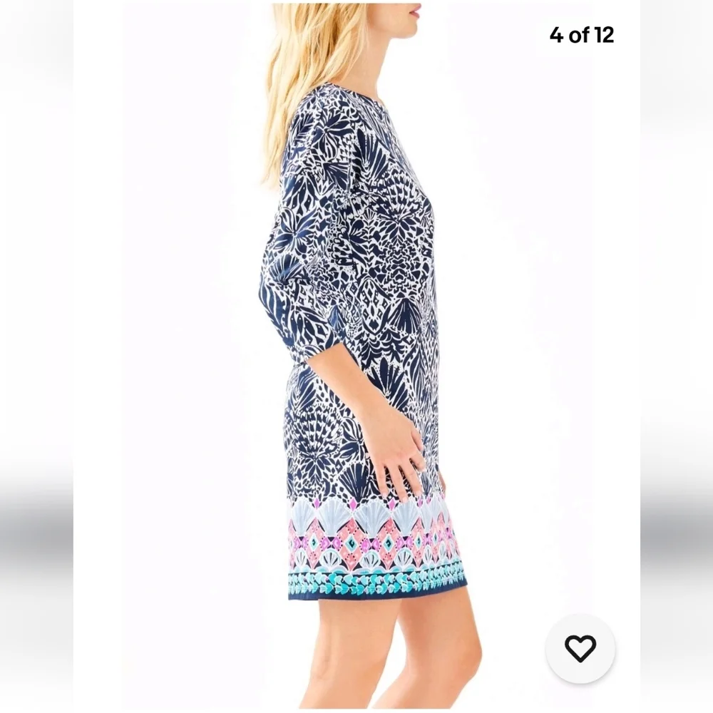 Lilly Pulitzer Navy & White Printed Shift Dress with Pink & Teal Border